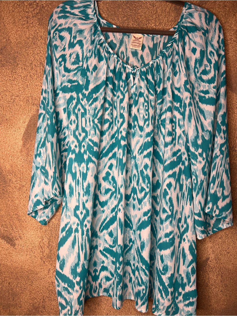 Faded Glory Teal & White Printed Peasant Blouse